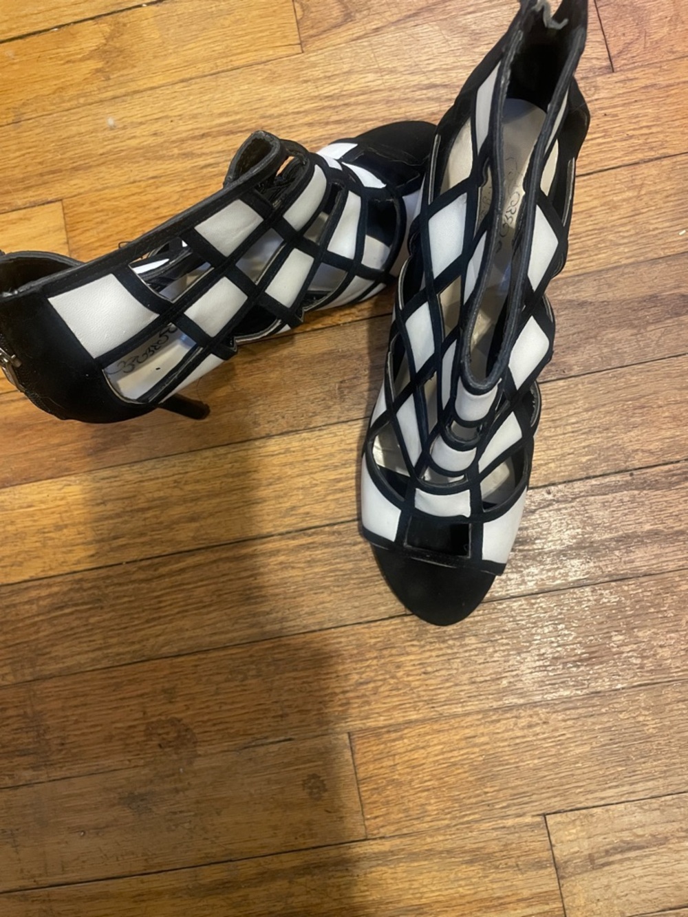 Black and White Strappy Cage High-Heel Sandals